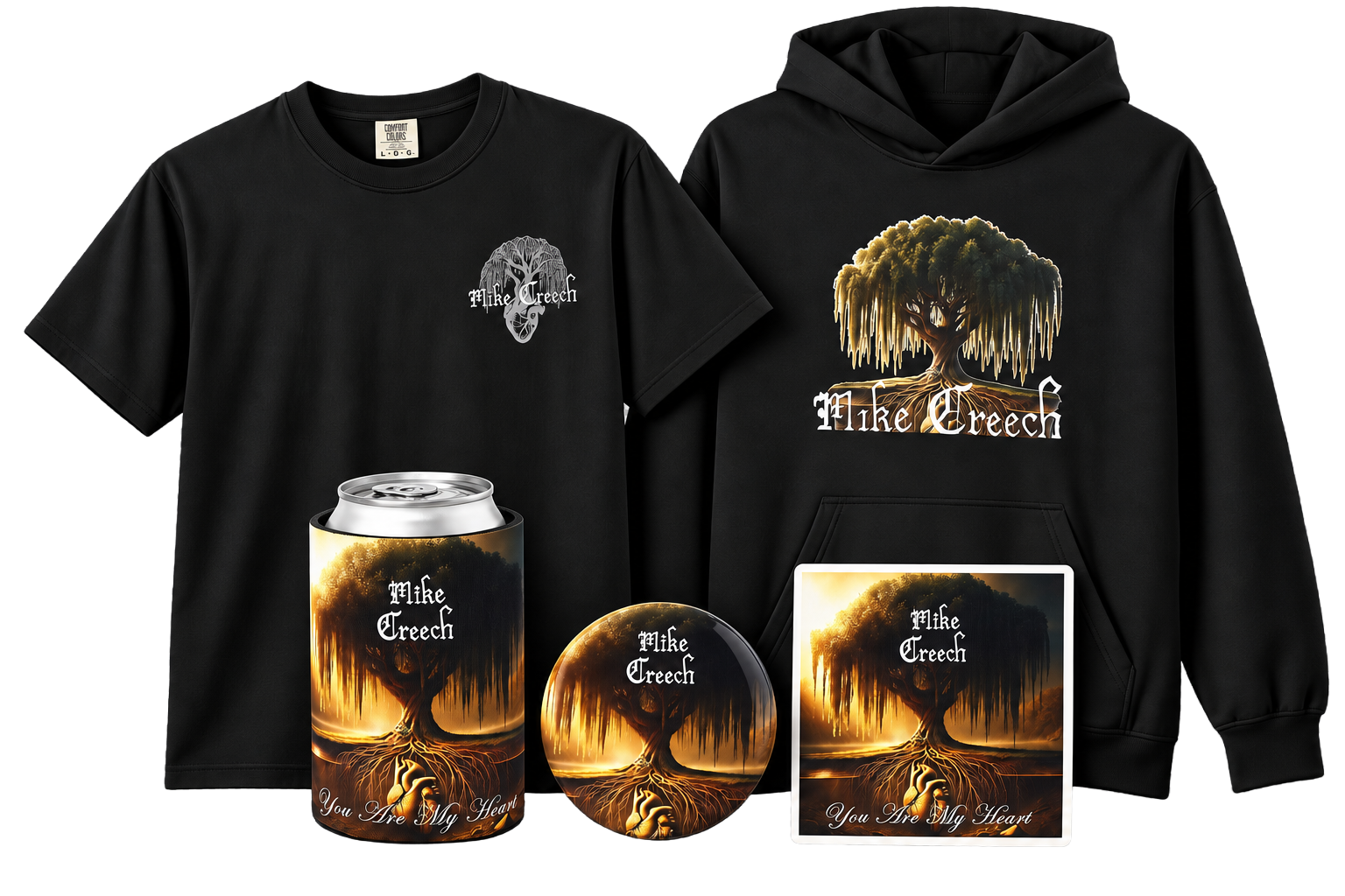 Mike Creech merch collection featuring a black T-shirt, hoodie, can koozie, pin and sticker