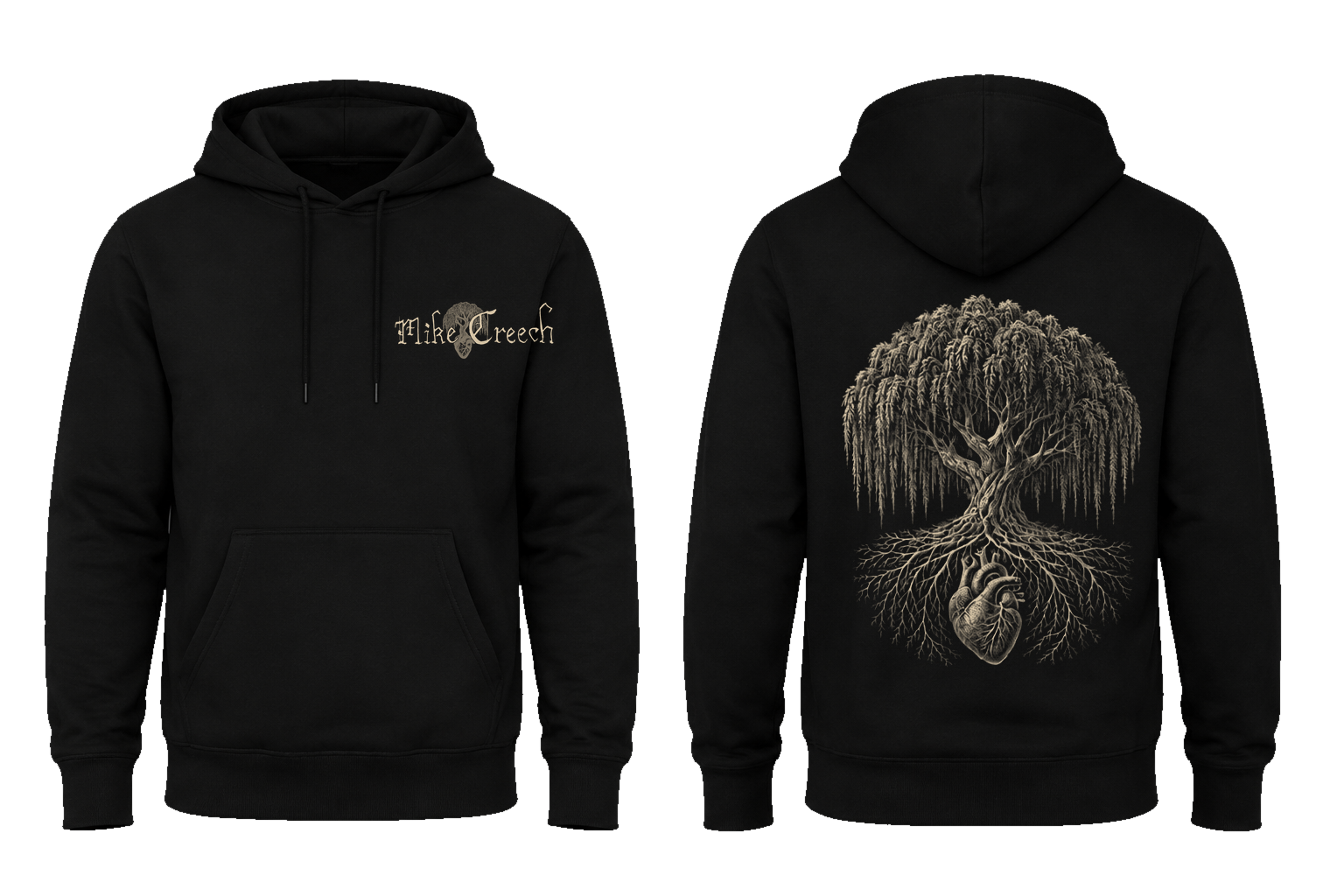 Black Mike Creech hoodie concept, front classic logo and back ivory tree and heart artwork